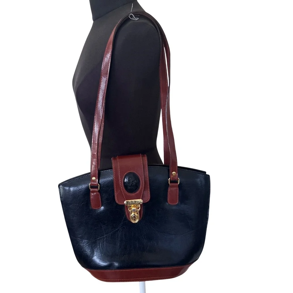Vintage Chiltern Satchel Tote Black Brown Leather Handbag 10.5x15x10x4.5 EUC 90s